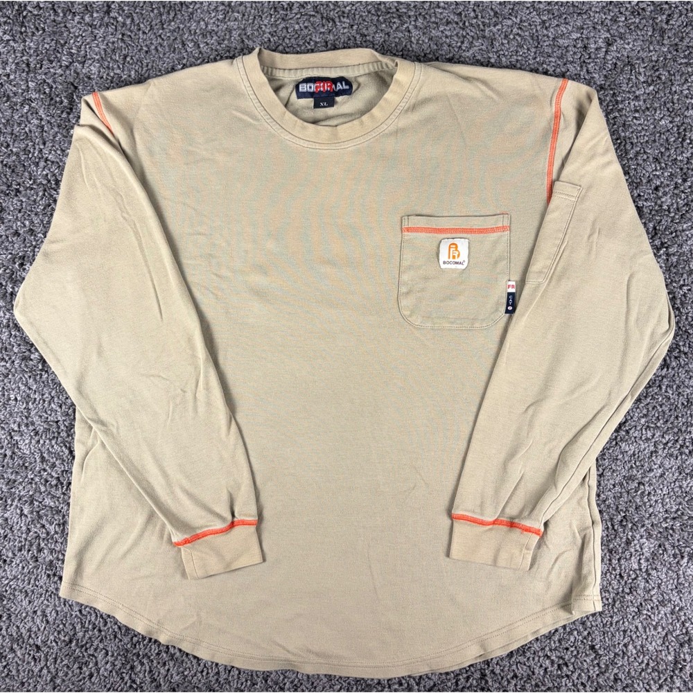 Bocomal FR Shirt Mens XL Tan Khaki Flame Resistant Long Sleeve Work Pocket Tee